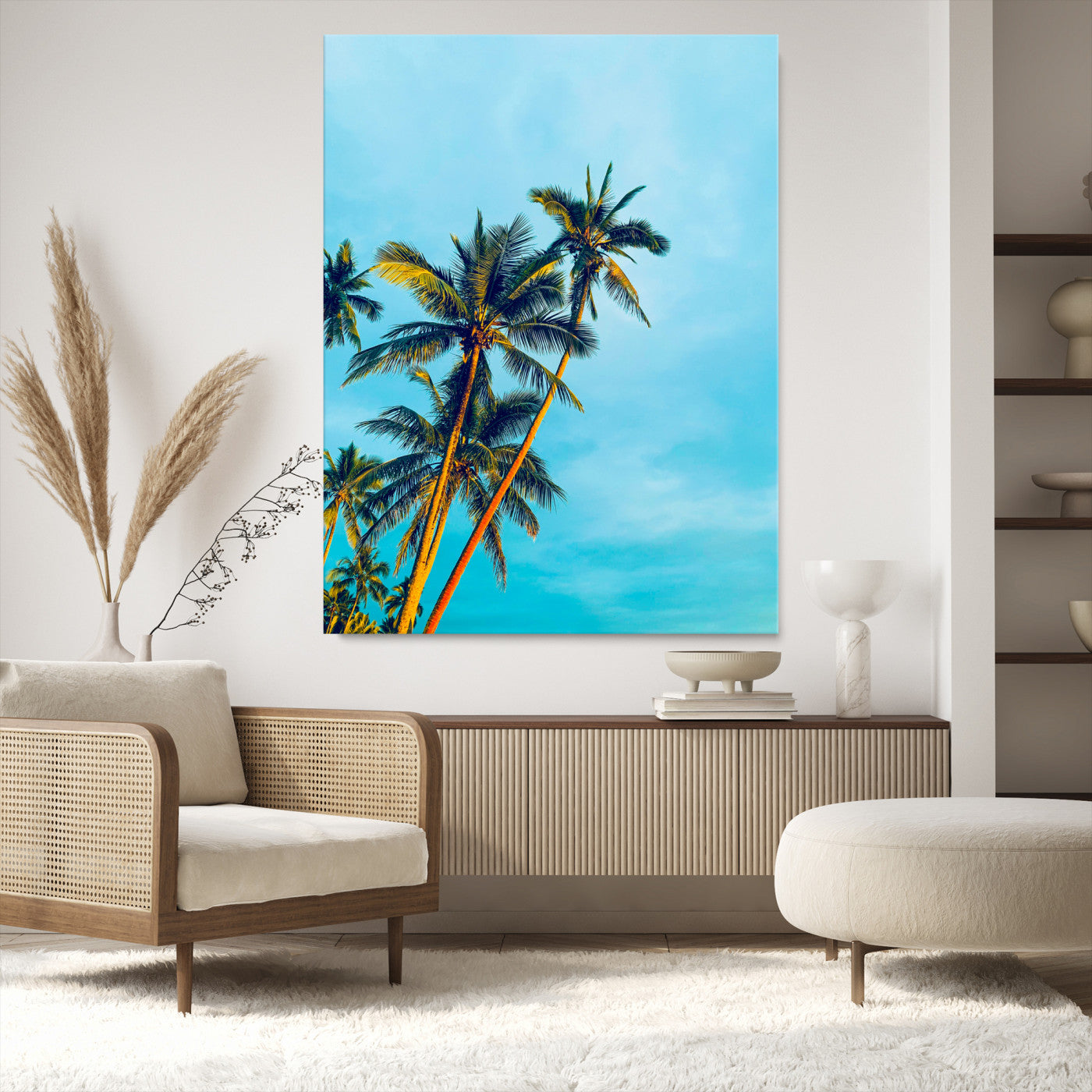 "Tall palm trees with golden sunlight against a vibrant blue sky, creating a tropical, relaxing atmosphere for coastal and beach-themed decor.