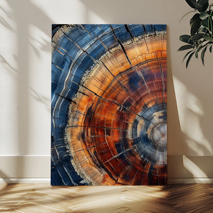 Canvas of colorful tree rings in rich blue and warm orange hues with cracked natural texture, ideal for rustic or earthy decor styles.