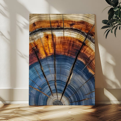 Canvas of a tree ring with bold blue and orange hues and cracked radial lines, ideal for rustic or earthy modern interiors.