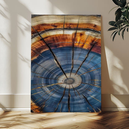 Canvas of a tree ring with bold blue and orange hues and cracked radial lines, ideal for rustic or earthy modern interiors.