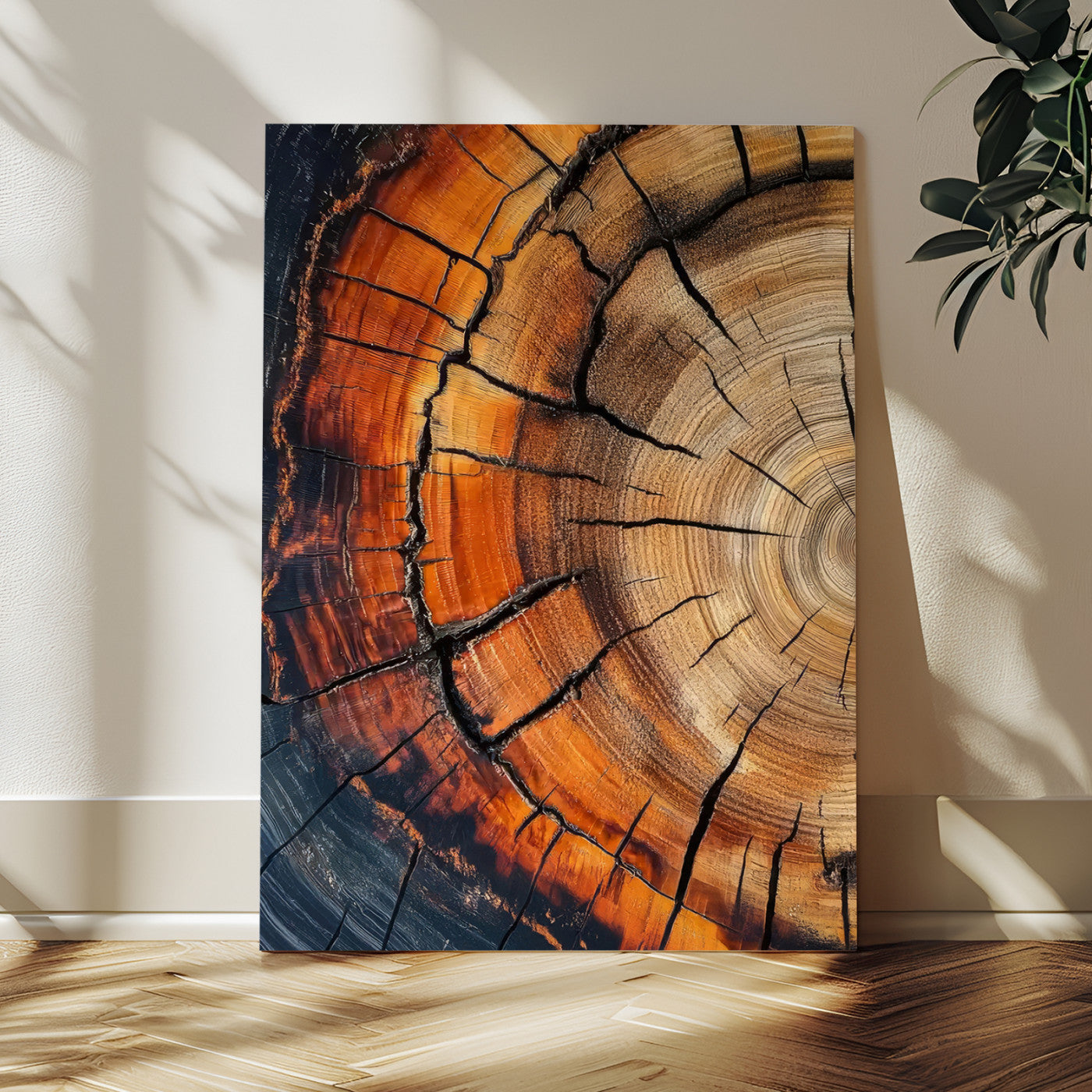 Canvas of a cracked tree ring with warm burnt orange tones and dark edges, ideal for rustic or earthy home decor themes.