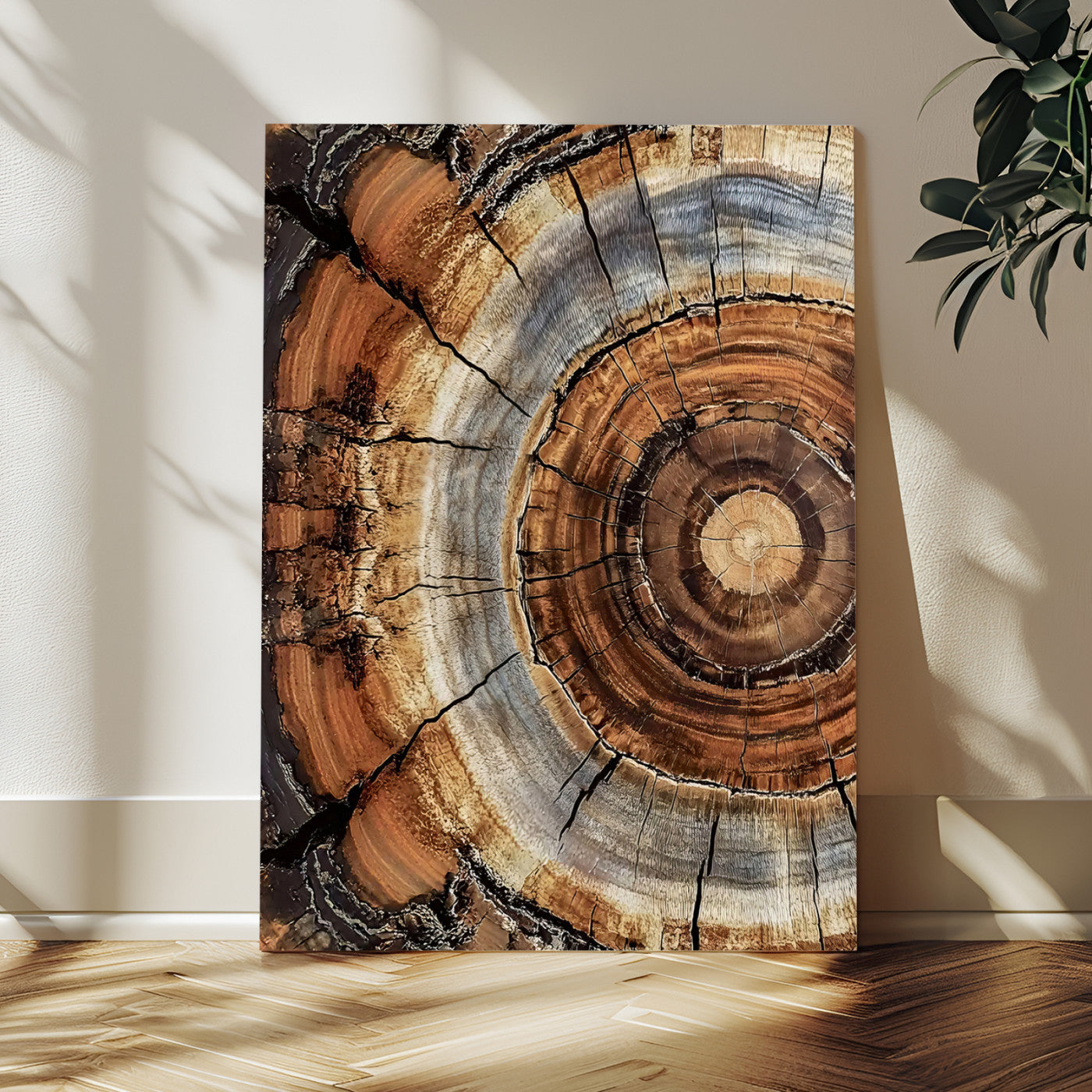 Canvas of tree rings and natural wood grain in earthy tones, ideal for rustic or vintage-inspired home decor with organic textures.