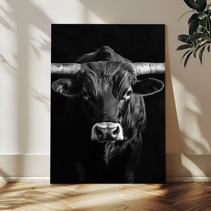 Canvas of a Texas longhorn in black and white with dramatic lighting and bold contrast, ideal for rustic or modern western wall decor.