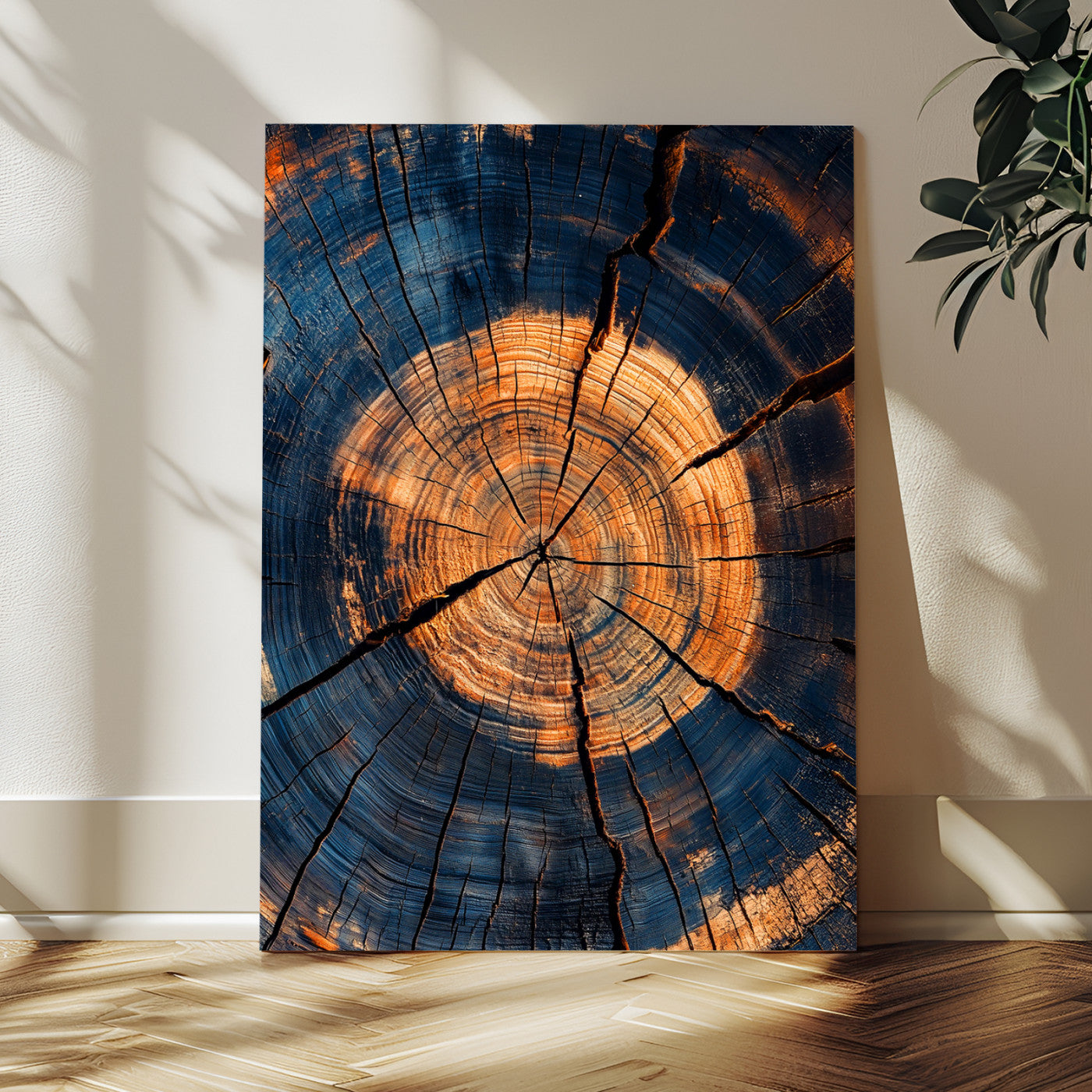 Close-up canvas of tree rings with burnt orange and deep blue tones, perfect for rustic or earthy-themed home decor.