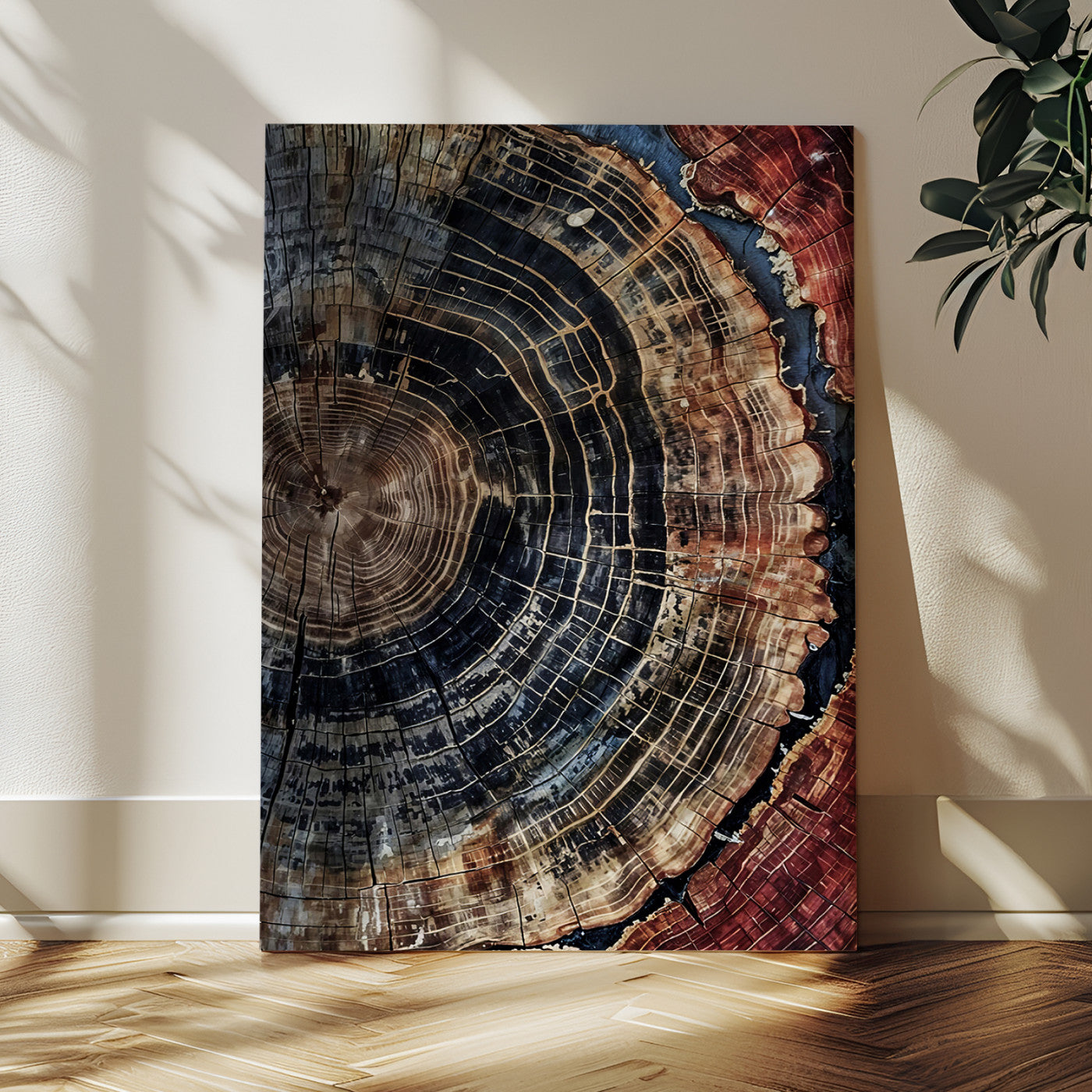Rustic canvas featuring detailed tree rings and dark earthy tones, ideal for moody wood or organic nature-inspired home decor.