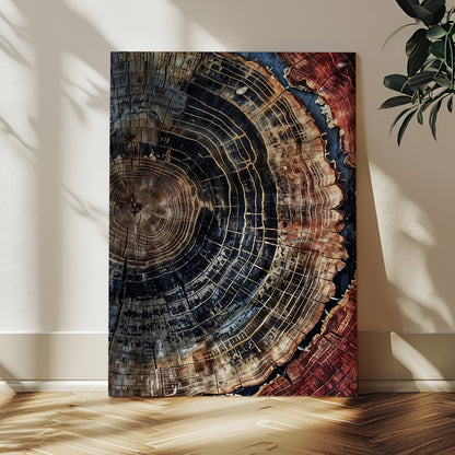 Rustic canvas featuring detailed tree rings and dark earthy tones, ideal for moody wood or organic nature-inspired home decor.