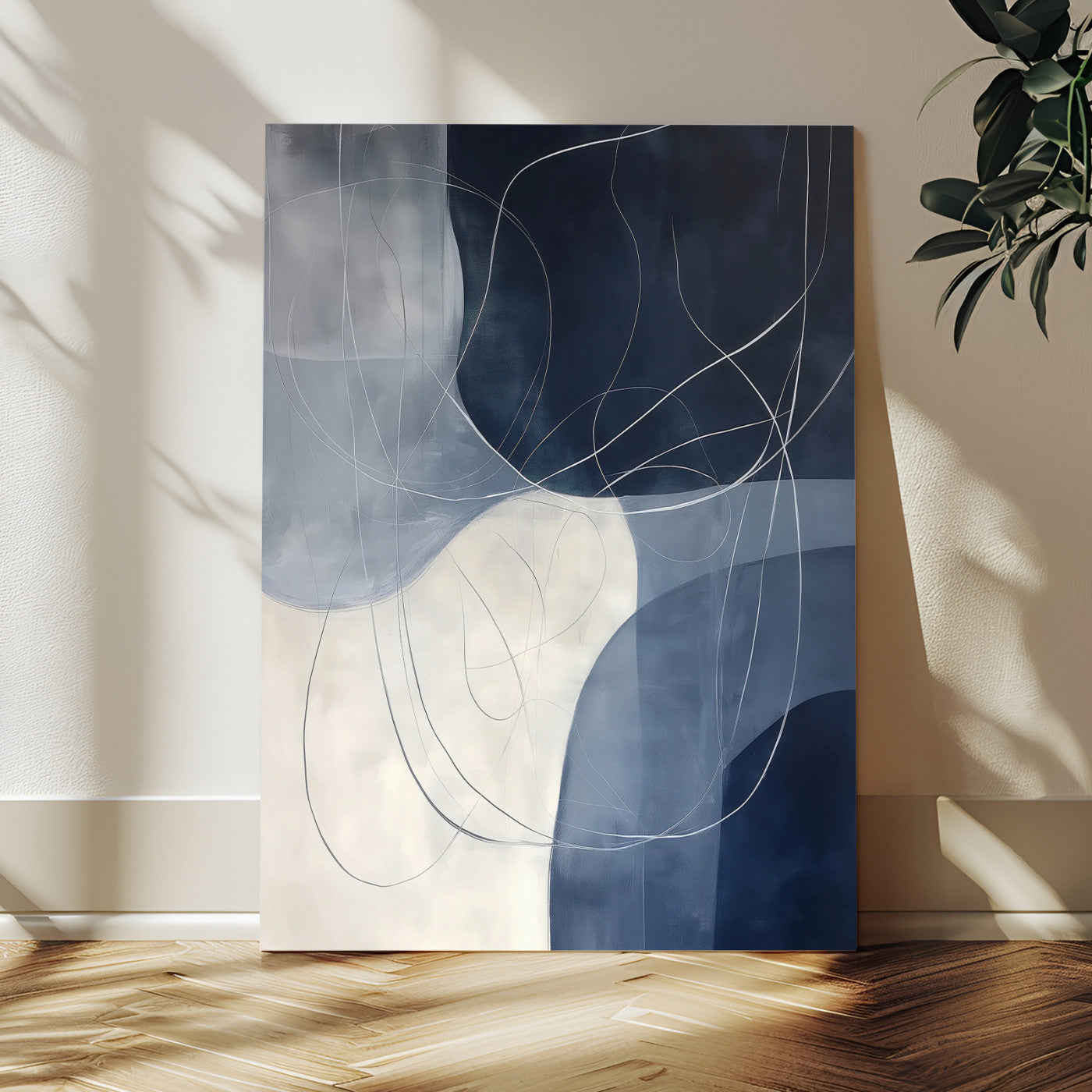 Contemporary abstract canvas with navy, grey, and white curved forms and fine line details, ideal for minimalist or modern interiors.