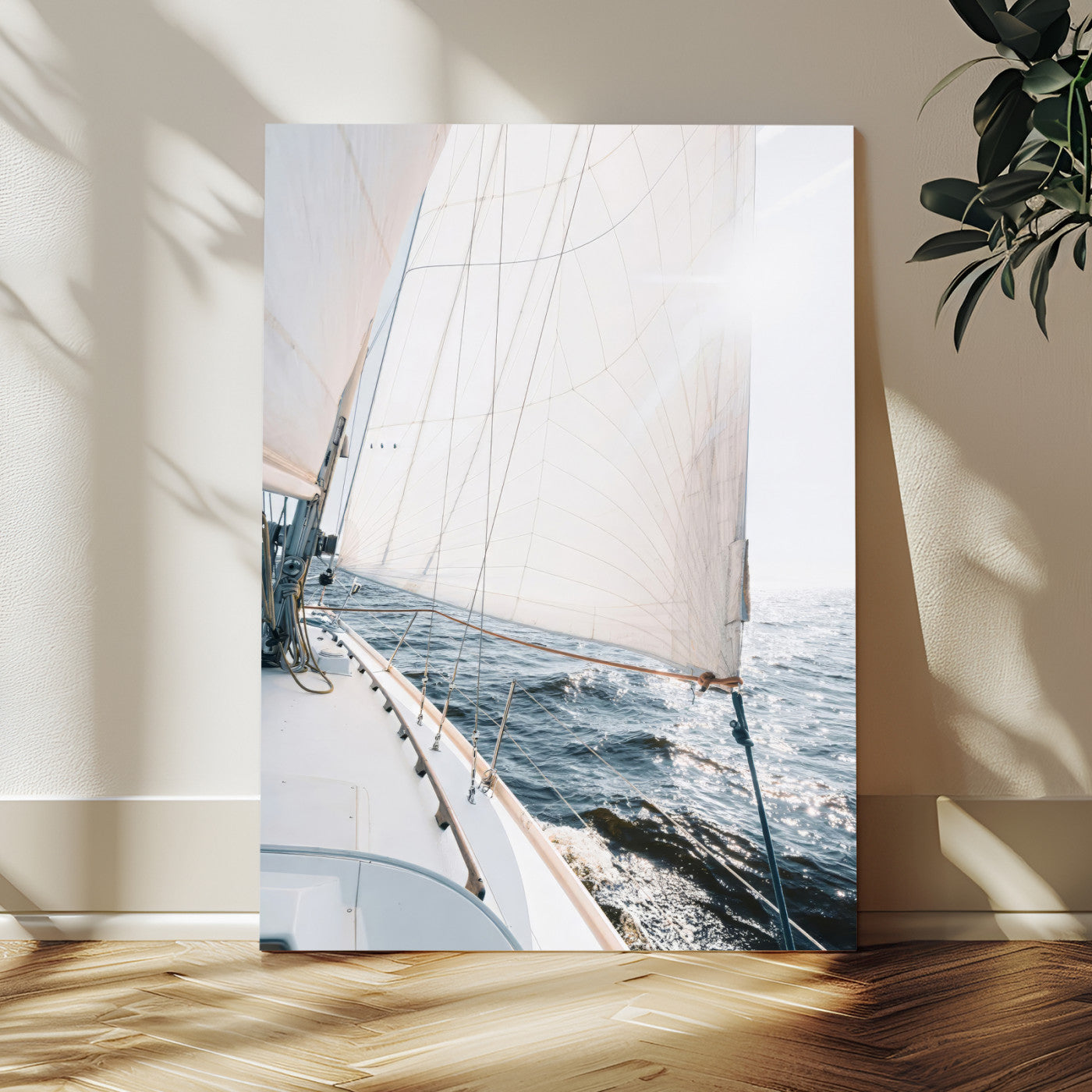 Canvas of a sailboat gliding on a sunlit ocean with white sails and sparkling water, ideal for coastal minimalist or nautical-style home decor.