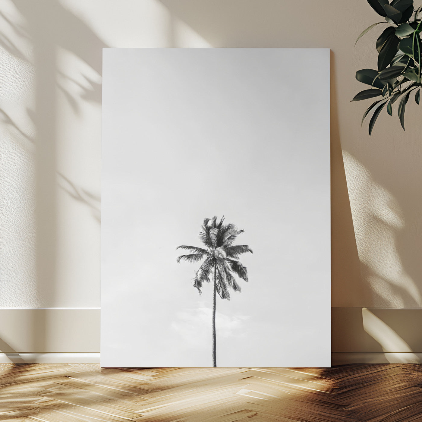 Canvas of a single palm tree in black and white with minimalist sky, ideal for modern coastal minimalist or tropical-inspired home decor.