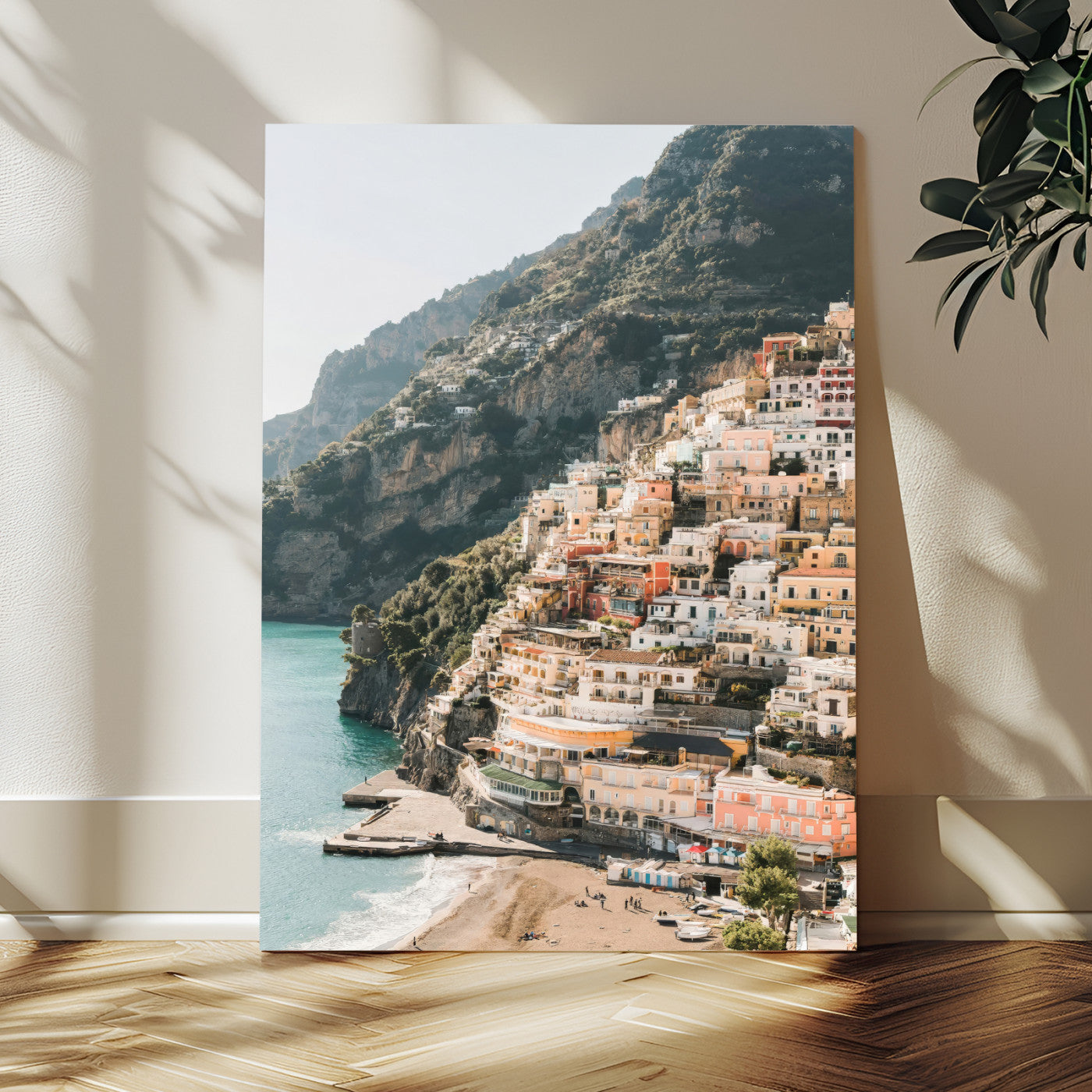 Canvas of colorful cliffside homes in Positano along the Amalfi Coast with warm tones, perfect for Mediterranean coastal or European-inspired home decor.