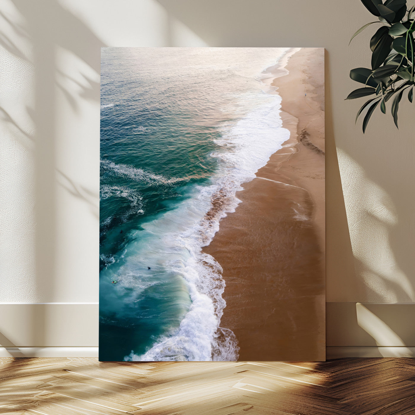 Canvas of a dreamy aerial beach scene with turquoise waves and soft sunset tones, ideal for modern coastal or minimalist home decor.