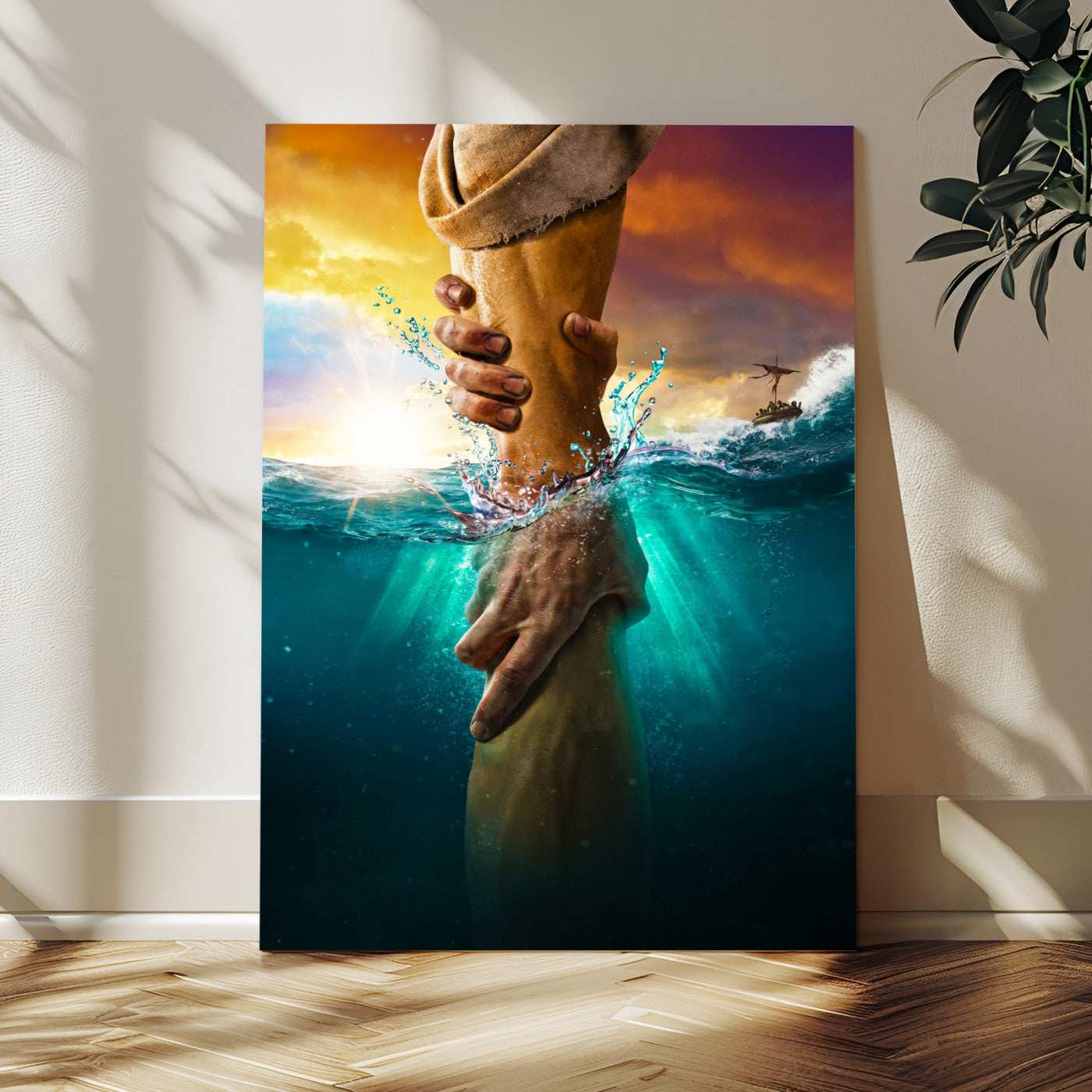A dramatic scene of a hand reaching underwater and being lifted, symbolizing rescue and faith, ideal for spiritual or Christian wall decor.