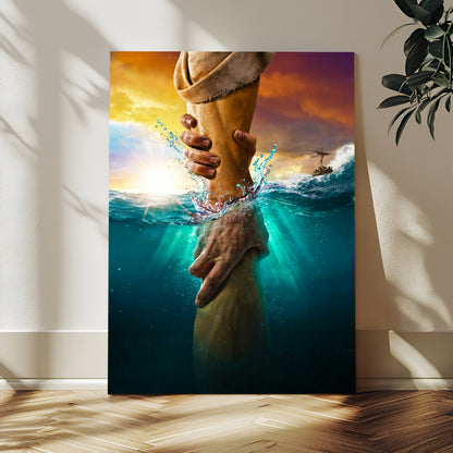 A dramatic scene of a hand reaching underwater and being lifted, symbolizing rescue and faith, ideal for spiritual or Christian wall decor.