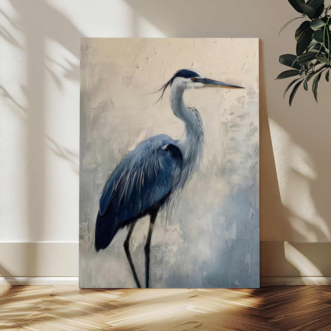 Blue heron standing gracefully on one leg, painted in soft neutrals and cool tones, perfect for modern coastal or nature-inspired decor.