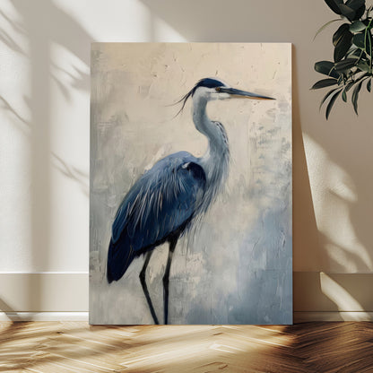 Blue heron standing gracefully on one leg, painted in soft neutrals and cool tones, perfect for modern coastal or nature-inspired decor.