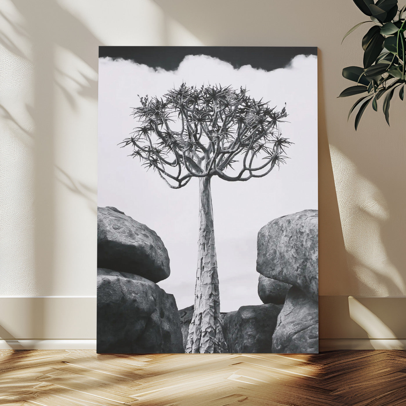 Tall desert tree in black and white, standing between large rocks, perfect for bold and minimalist nature-themed interior spaces.