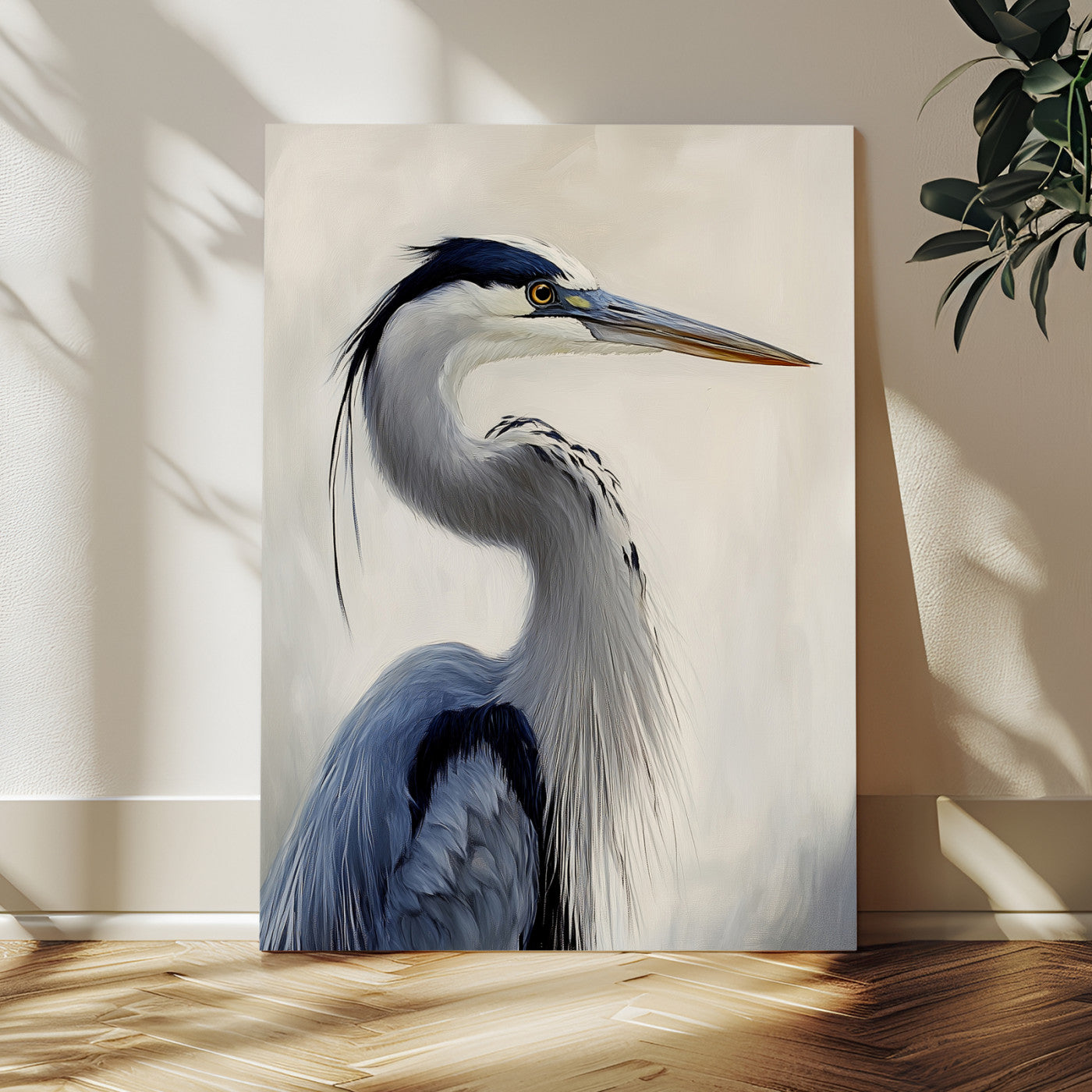 Elegant blue heron in profile with soft brush detail and neutral tones, ideal for nature-themed or coastal minimalist interiors.