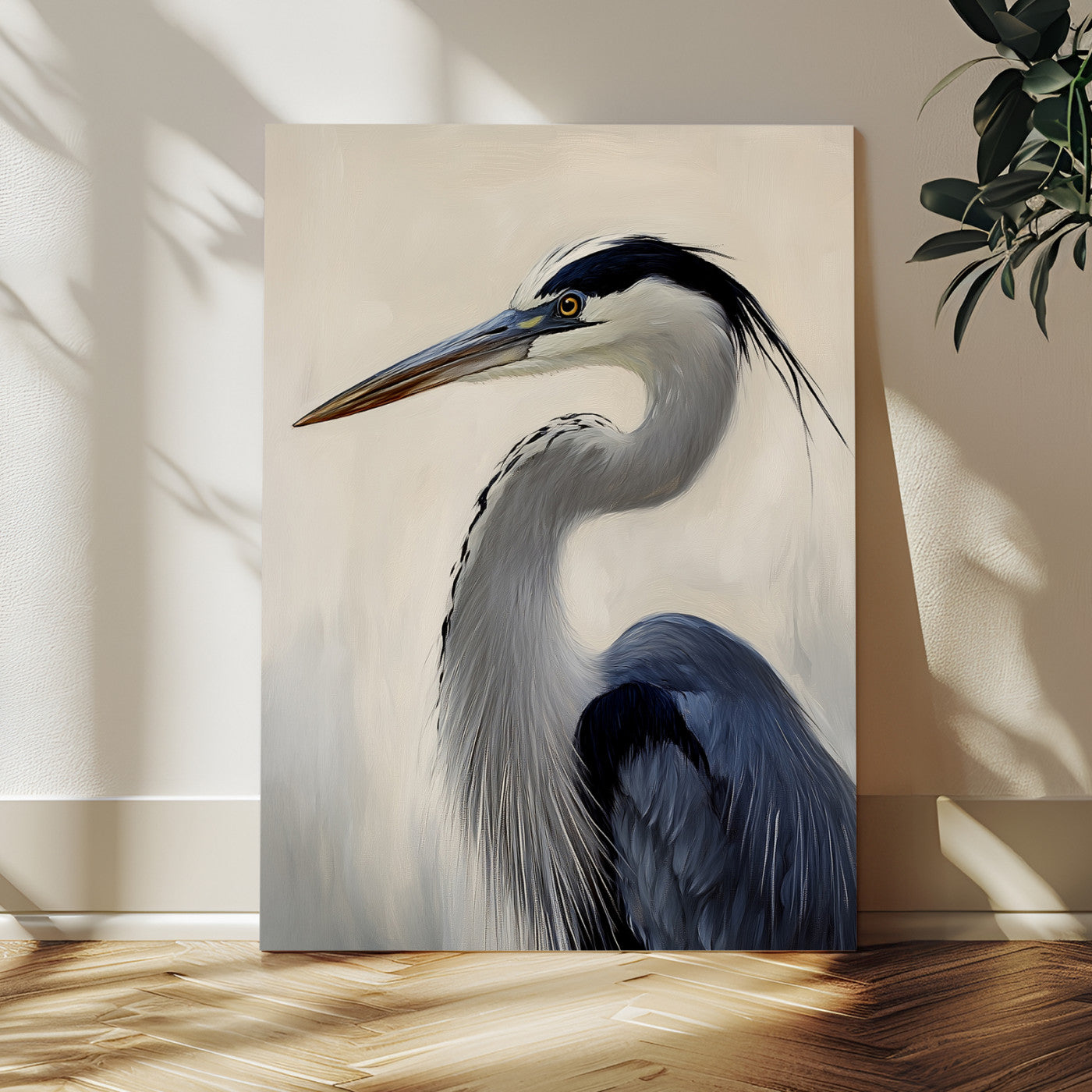 Single blue heron in profile with soft feathers and neutral tones, ideal for tranquil, coastal or nature-inspired interior settings.