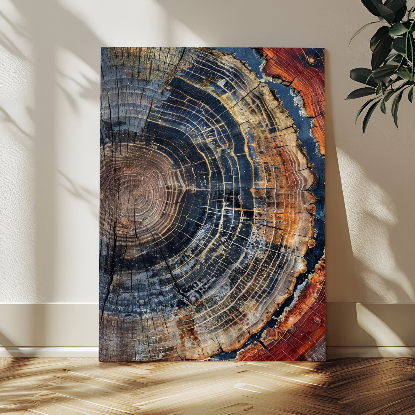 Close-up of a tree ring cross-section showing detailed growth rings in earthy tones, perfect for rustic or nature-inspired home decor.