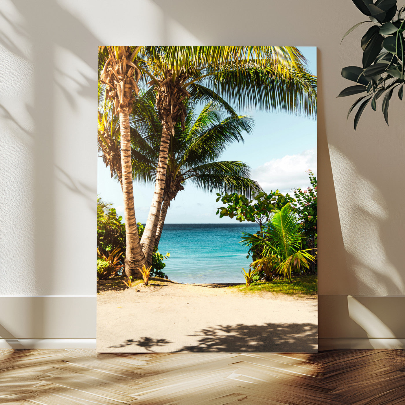 Tropical beach with palm trees, blue ocean, and clear sky, perfect for coastal or beach-themed wall decor in sunny living spaces.