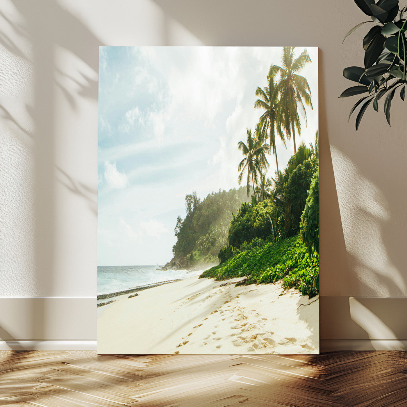A tropical beach with palm trees, soft sand, and ocean waves under a bright sky, creating a peaceful and relaxing coastal view.