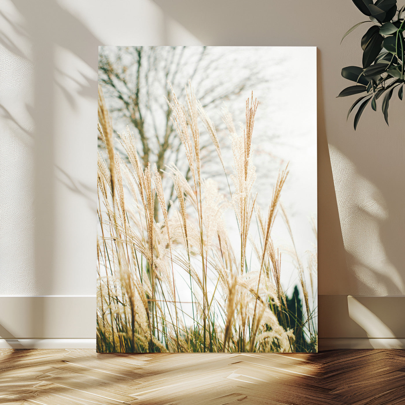 Soft beige pampas grass swaying in the breeze against a muted sky, creating a tranquil and minimalist botanical aesthetic.