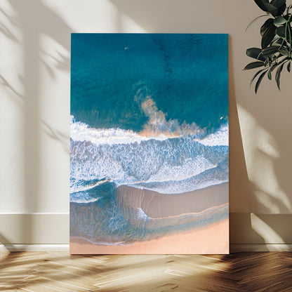 -Aerial Beach View Wall Art Canvas Print, Framed Ocean Waves Art Picture Print, Coastal Serenity Perfect Coastal Minimalist Decor Artwork