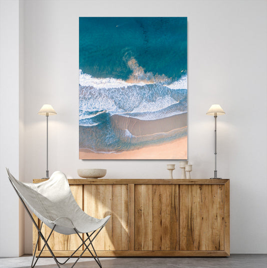 Aerial Beach View Wall Art Canvas Print, Ocean Waves Print, Framed Coastal Serenity Art Print, Large Sandy Shoreline Printing Perfect for Coastal Minimalist Decor