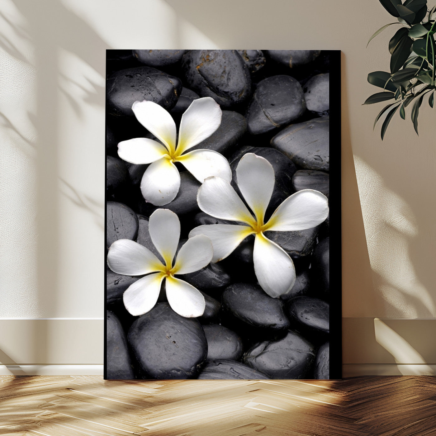 Large Wall Art White Flowers on Black Zen Meditation Stones Vertical Canvas Print