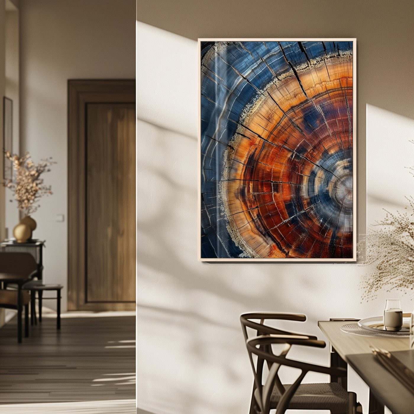 Canvas of colorful tree rings in rich blue and warm orange hues with cracked natural texture, ideal for rustic or earthy decor styles.