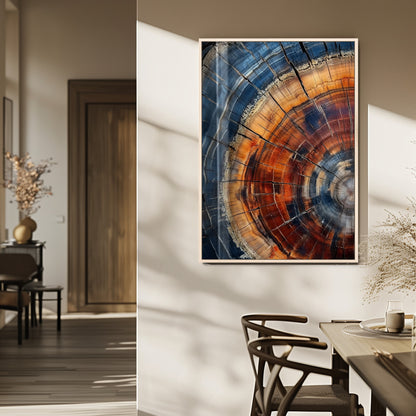 Canvas of colorful tree rings in rich blue and warm orange hues with cracked natural texture, ideal for rustic or earthy decor styles.