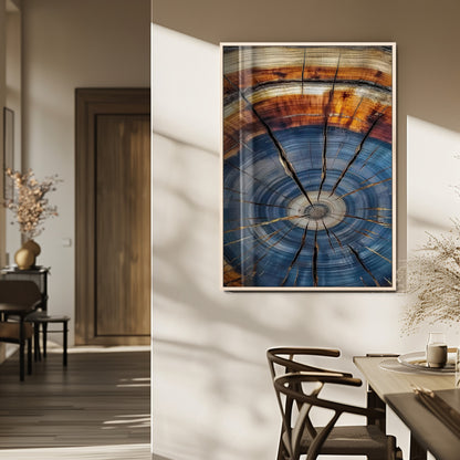 Canvas of a tree ring with bold blue and orange hues and cracked radial lines, ideal for rustic or earthy modern interiors.
