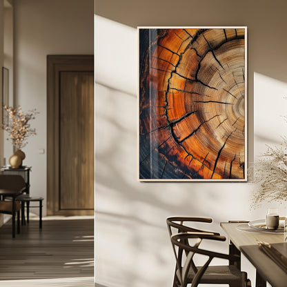 Canvas of a cracked tree ring with warm burnt orange tones and dark edges, ideal for rustic or earthy home decor themes.