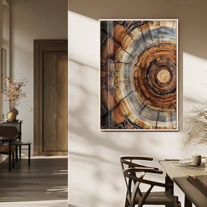 Canvas of tree rings and natural wood grain in earthy tones, ideal for rustic or vintage-inspired home decor with organic textures.