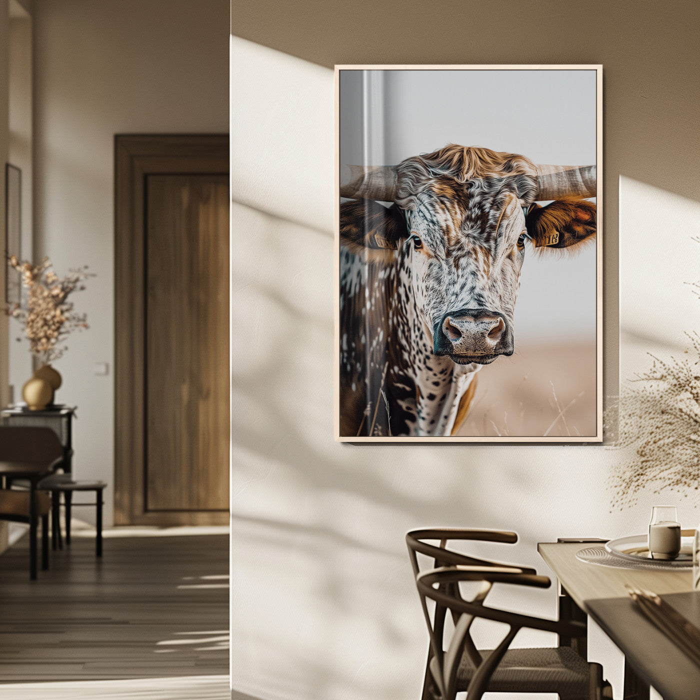 Canvas of a speckled Texas longhorn with wide curved horns and warm tones, perfect for rustic or country-style wall decor.