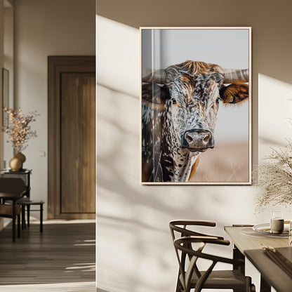 Canvas of a speckled Texas longhorn with wide curved horns and warm tones, perfect for rustic or country-style wall decor.