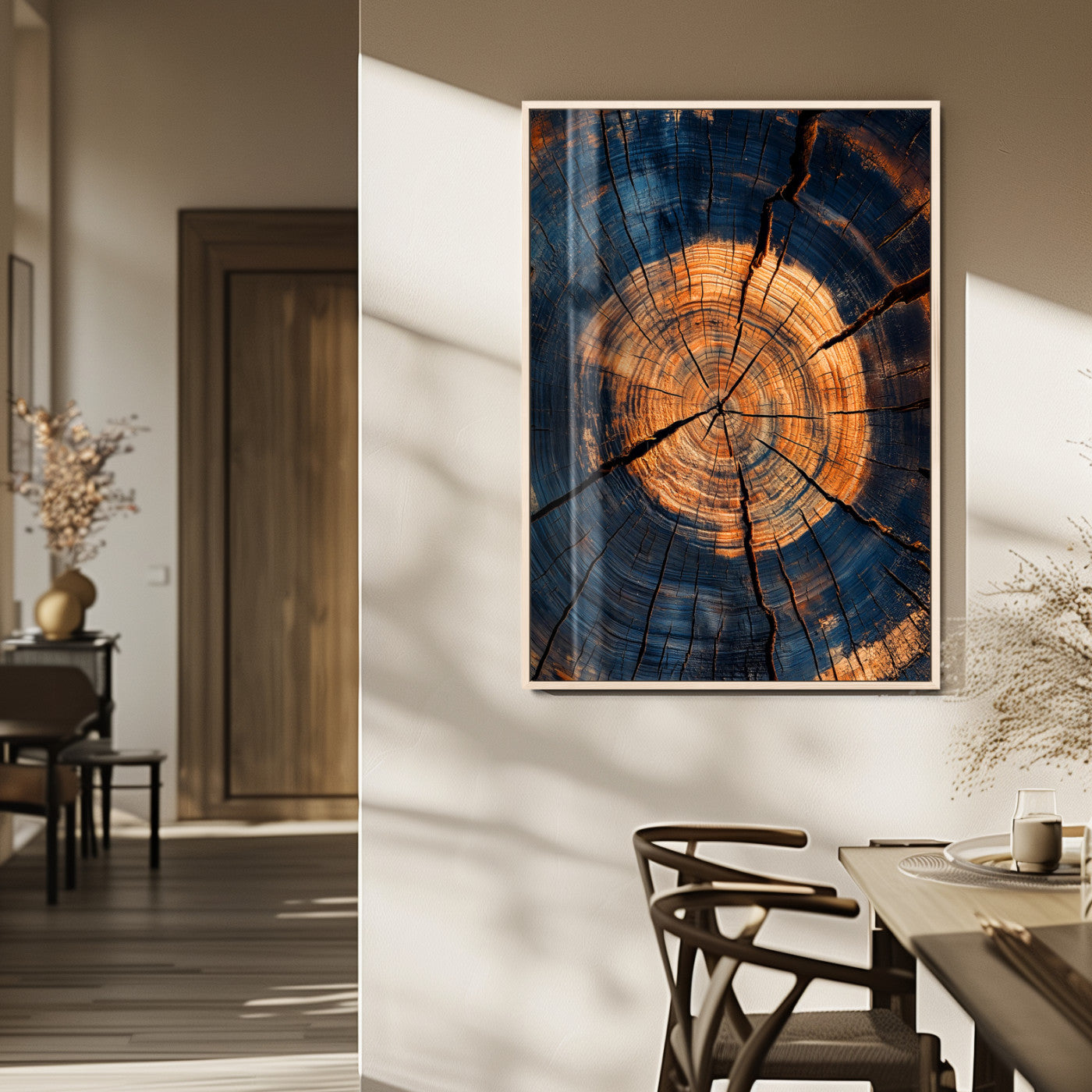 Close-up canvas of tree rings with burnt orange and deep blue tones, perfect for rustic or earthy-themed home decor.