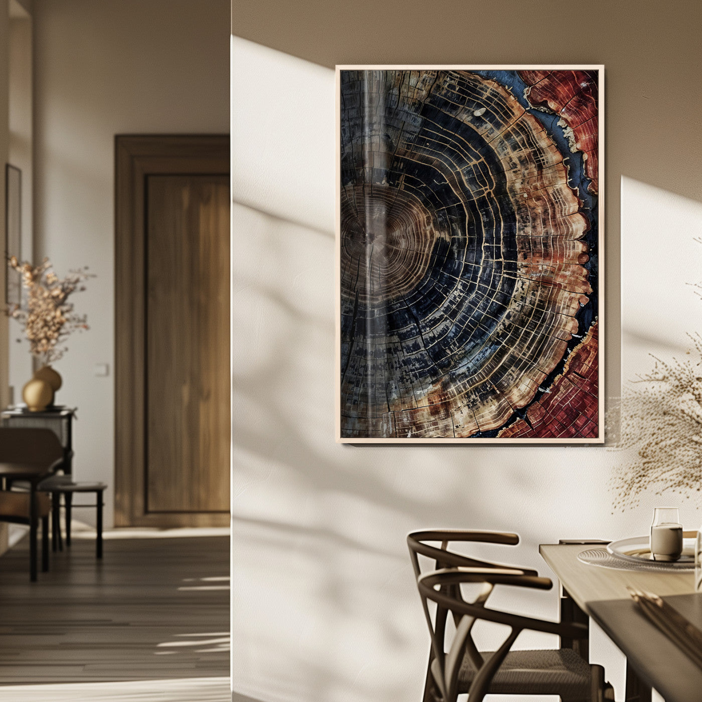 Rustic canvas featuring detailed tree rings and dark earthy tones, ideal for moody wood or organic nature-inspired home decor.
