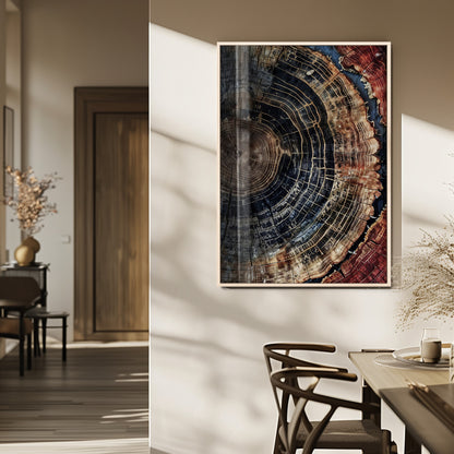 Rustic canvas featuring detailed tree rings and dark earthy tones, ideal for moody wood or organic nature-inspired home decor.