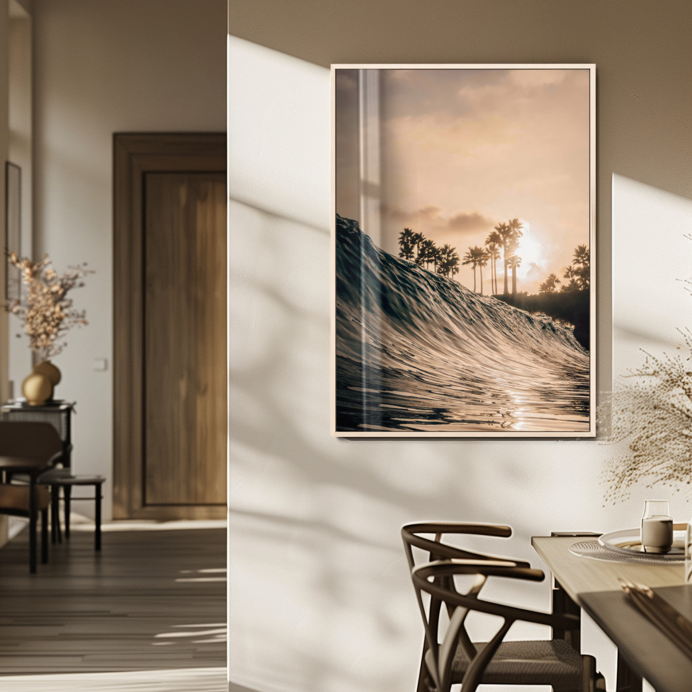 Golden sunset view of an ocean wave curling near palm trees, radiating warm tones perfect for coastal or tropical-themed decor.