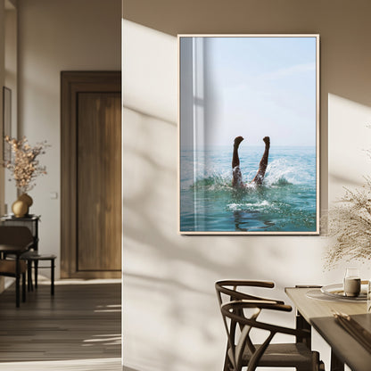 Vibrant ocean canvas of a playful diving splash, ideal for coastal or beach-themed interiors with a lively summer vibe.
