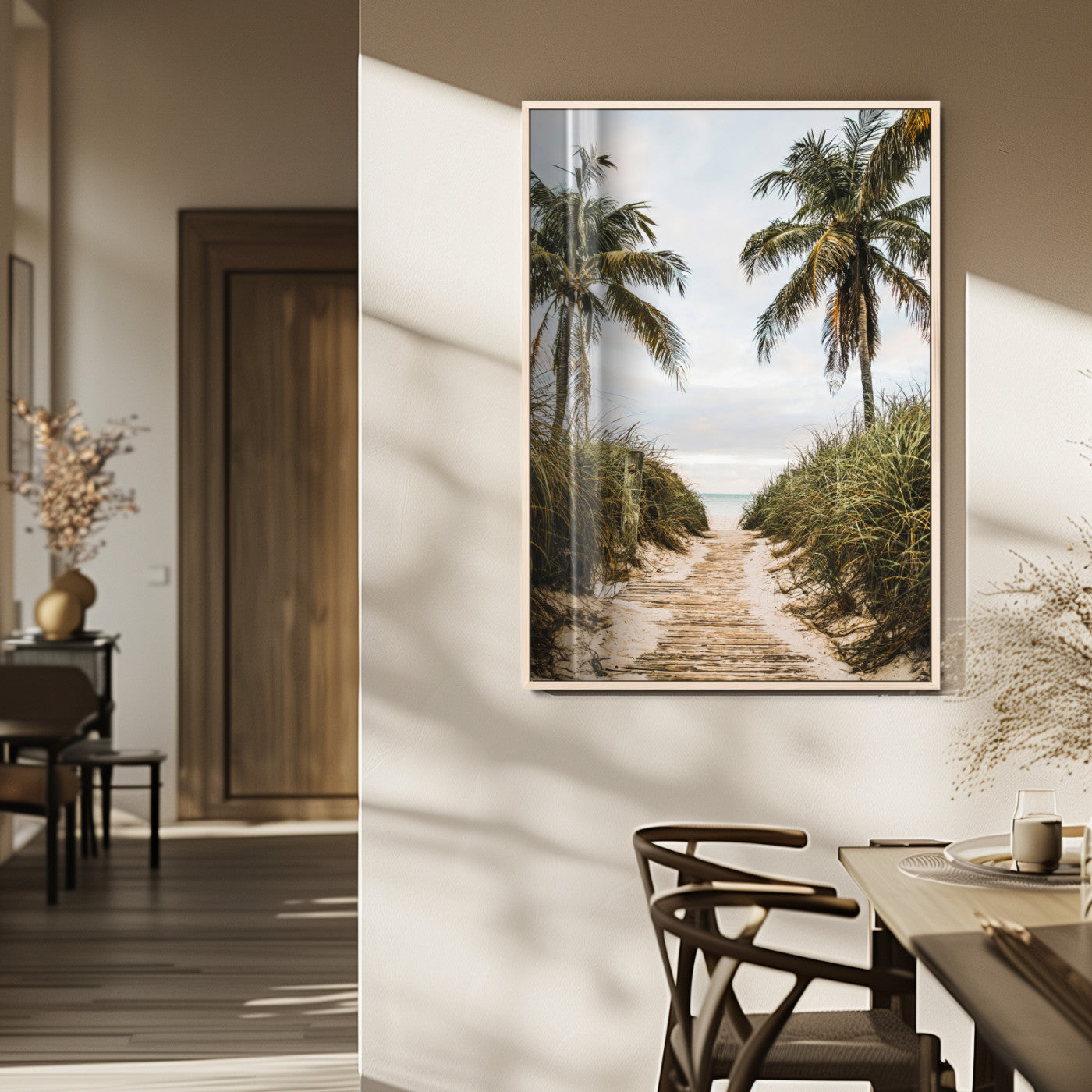 Canvas wall art of a tropical beach path with palm trees and dune grass, ideal for coastal entryways or tropical-inspired home decor.