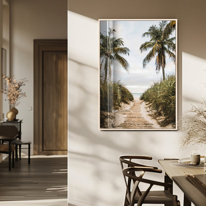 Canvas wall art of a tropical beach path with palm trees and dune grass, ideal for coastal entryways or tropical-inspired home decor.