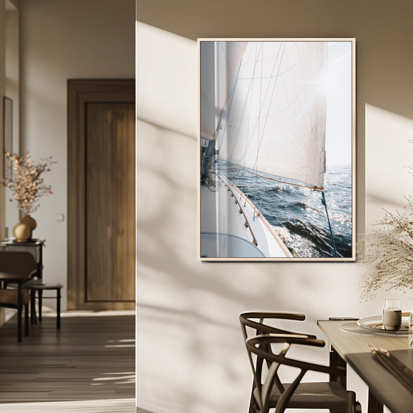 Canvas of a sailboat gliding on a sunlit ocean with white sails and sparkling water, ideal for coastal minimalist or nautical-style home decor.