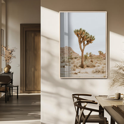 Canvas of a Joshua Tree in neutral desert tones under soft light, ideal for southwestern minimalist or rustic nature-inspired home decor.