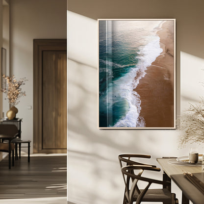 Canvas of a dreamy aerial beach scene with turquoise waves and soft sunset tones, ideal for modern coastal or minimalist home decor.