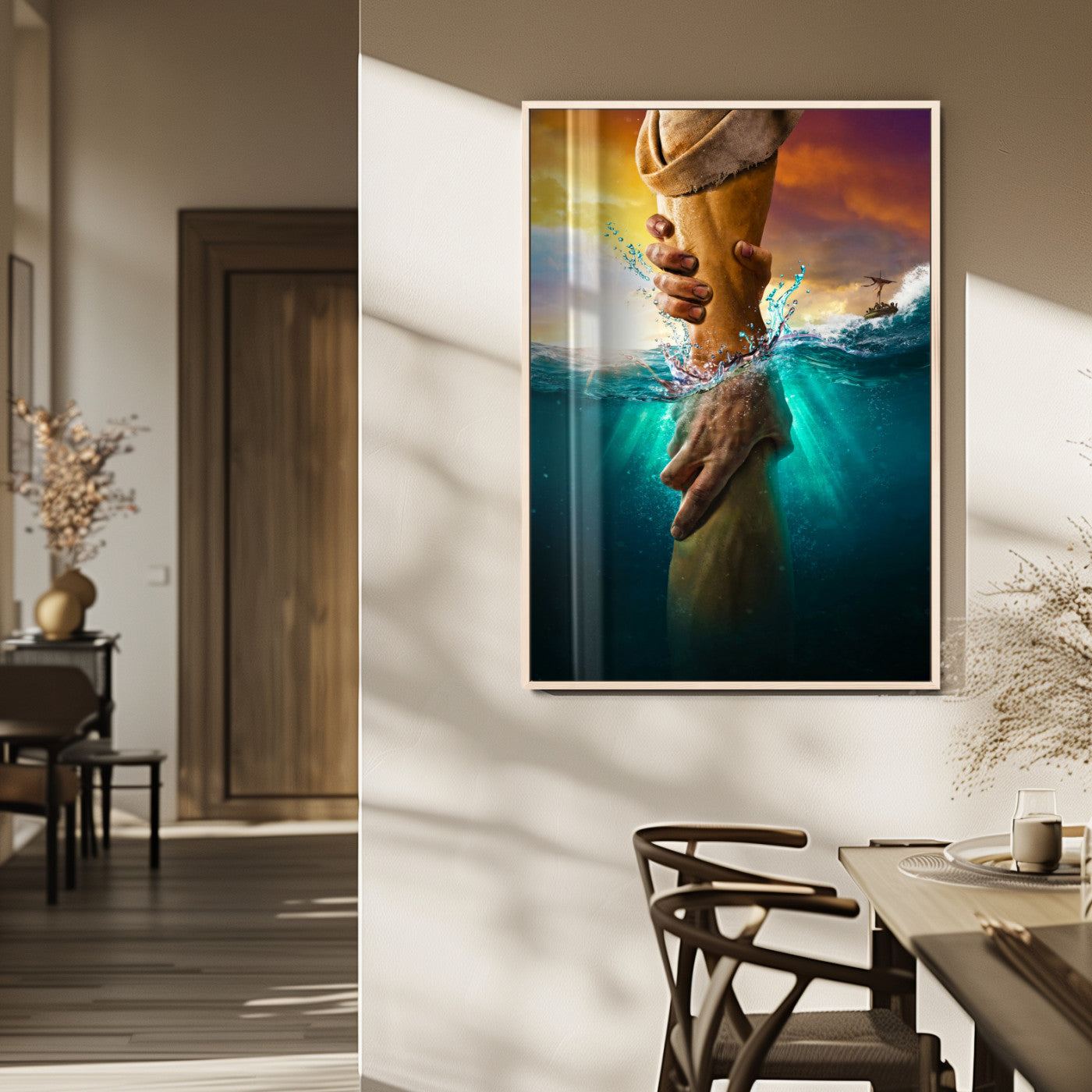 A dramatic scene of a hand reaching underwater and being lifted, symbolizing rescue and faith, ideal for spiritual or Christian wall decor.