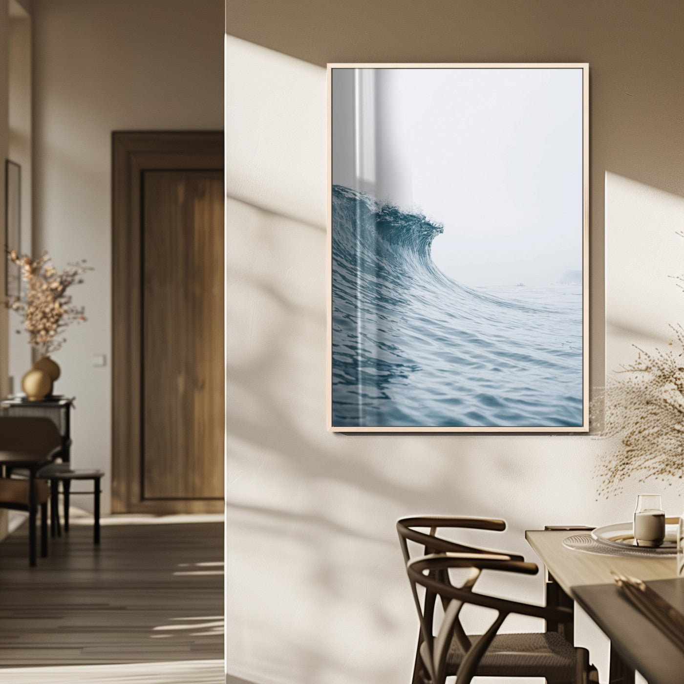 A single ocean wave curling in soft blue tones under a misty sky, ideal for coastal or minimalist home wall decor.