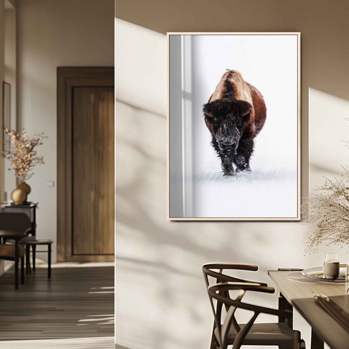 Front view of a strong bison walking in deep snow, isolated white background, perfect for rustic or lodge-style home decor.
