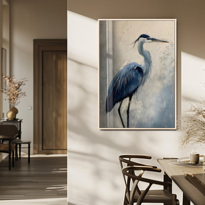 Blue heron standing gracefully on one leg, painted in soft neutrals and cool tones, perfect for modern coastal or nature-inspired decor.